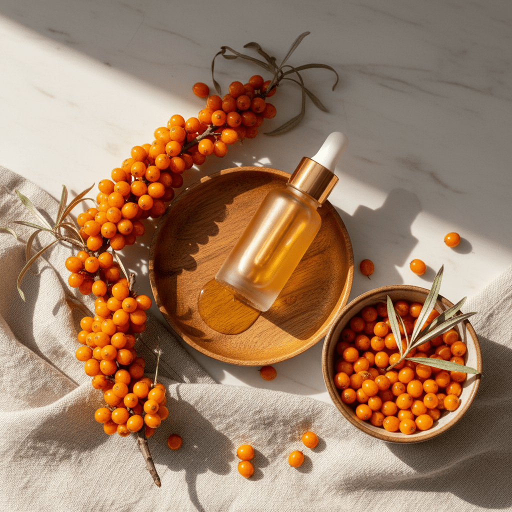 Sea buckthorn skincare flat lay with amber oil and berries
