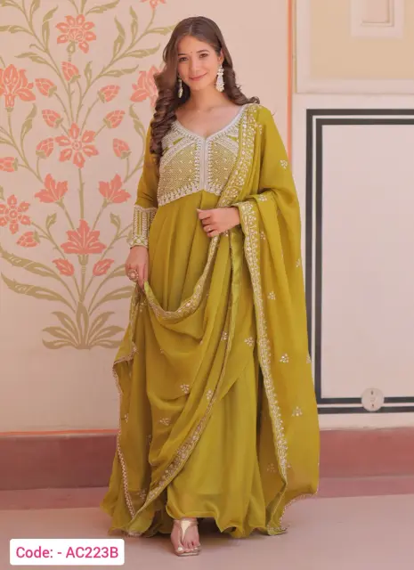 Mehndi color embroidered long anarkali suit