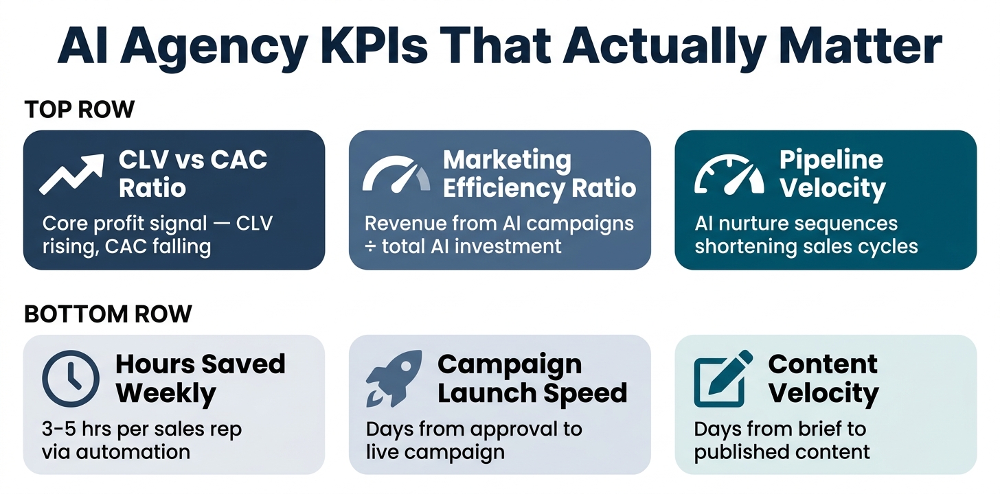 KPI dashboard infographic showing six key metrics for measuring AI agency success: CLV vs CAC Ratio, Marketing Efficiency Ratio, Pipeline Velocity, Hours Saved Weekly, Campaign Launch Speed, and Content Velocity