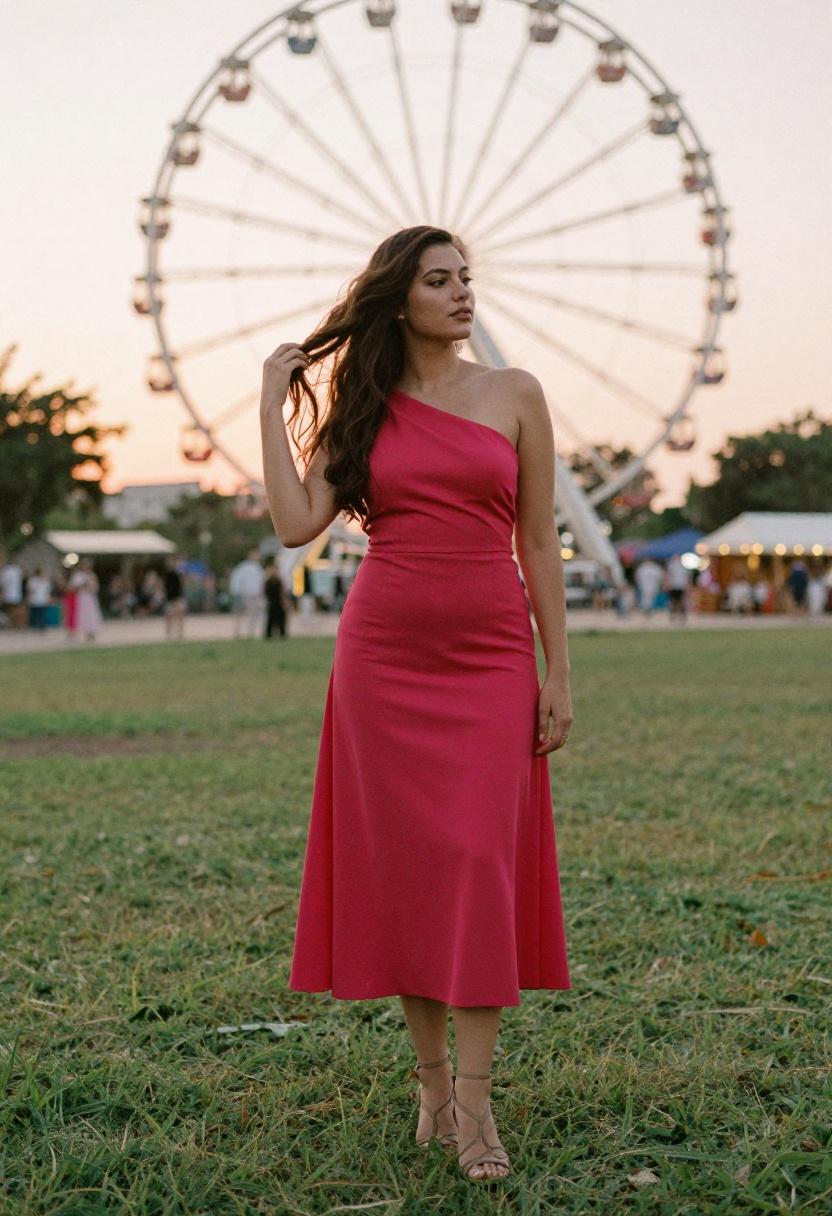 Fuchsia one-shoulder column dress prom editorial look in golden hour light