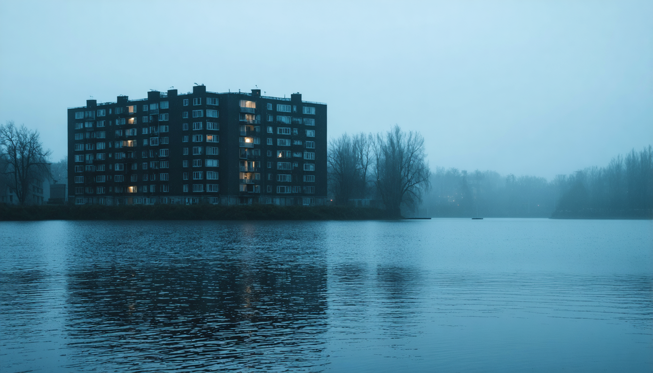 A single warm lit window in a dark building seen across a rain-dimpled lake at dawn, quiet and unremarkable.