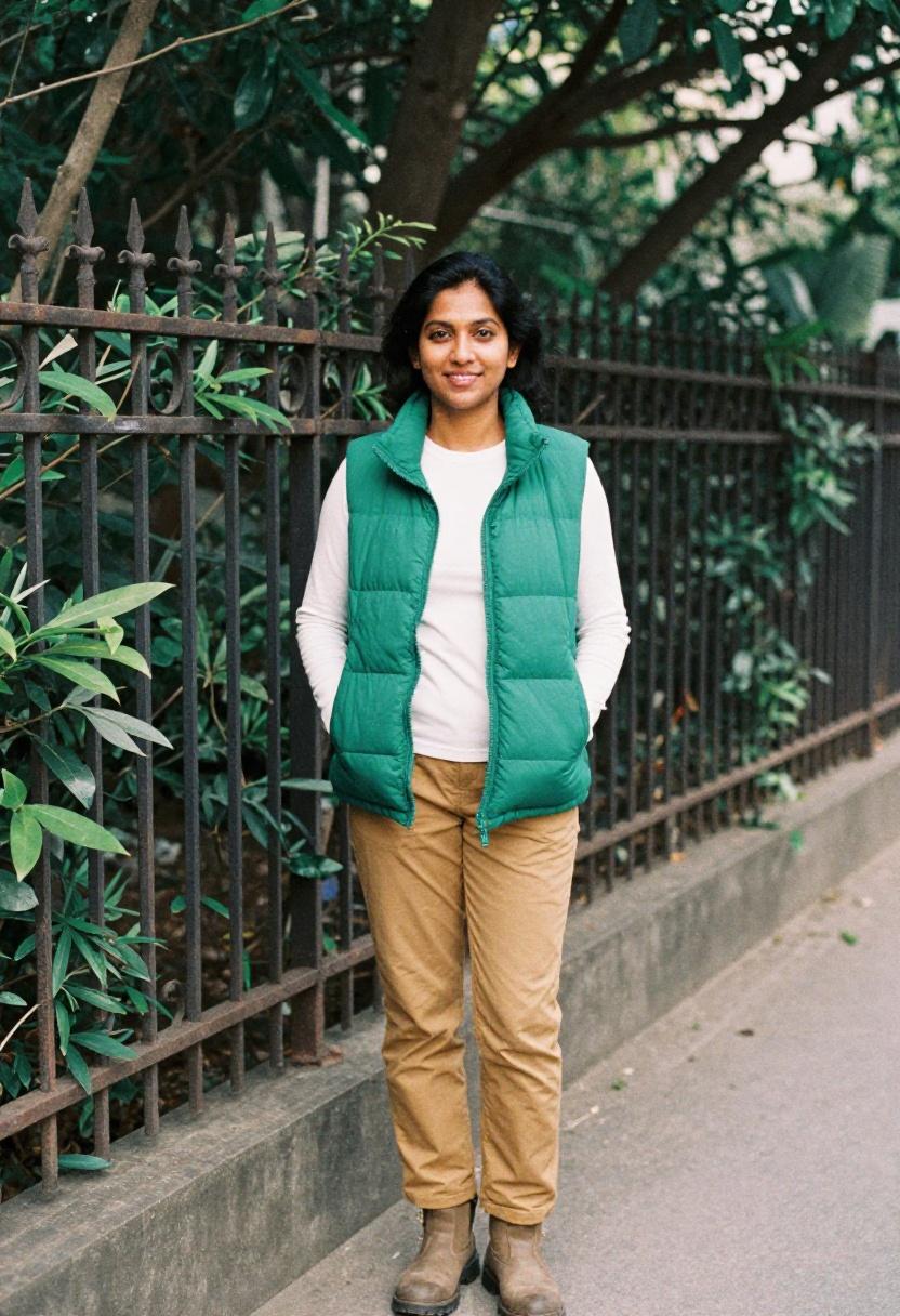 Woman in emerald quilted vest and camel hiking pants on a relaxed garden-path trail