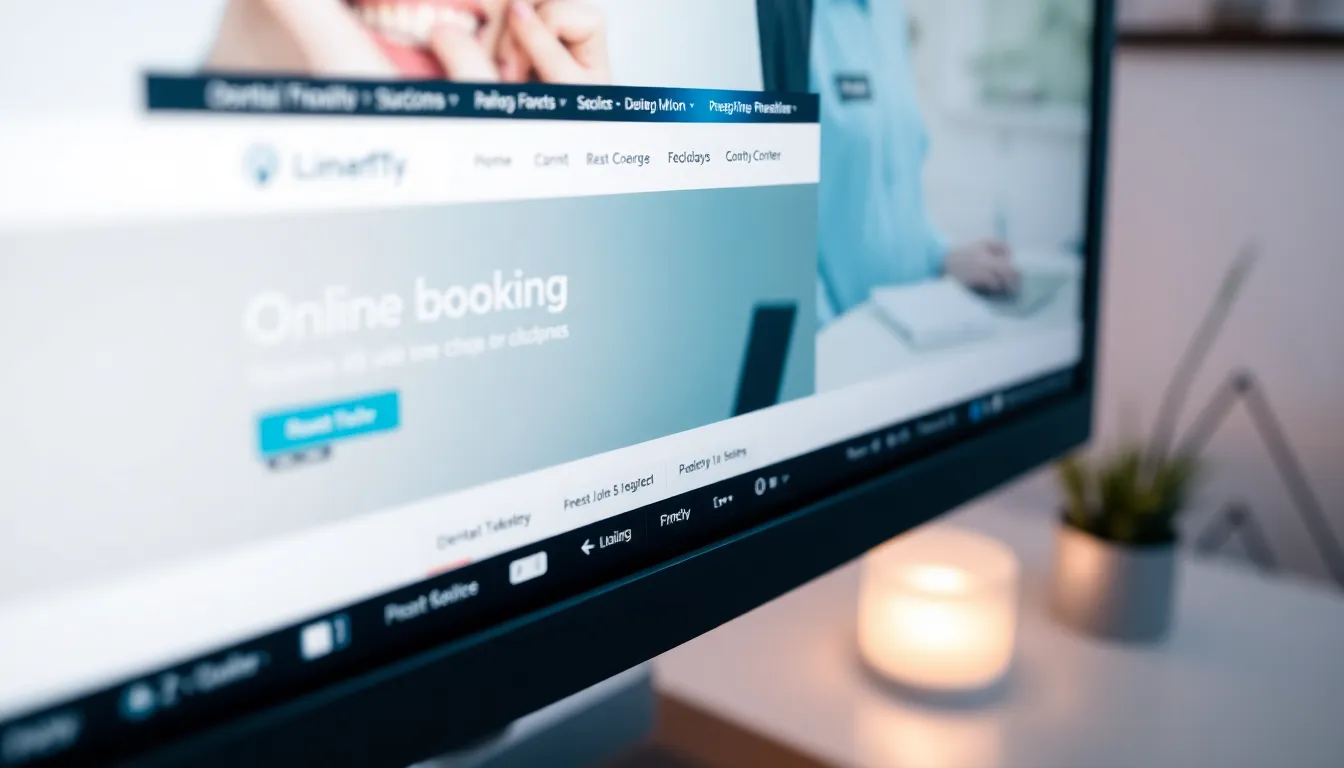 Computer screen showing a clean, user-friendly dental clinic website design with online booking options.