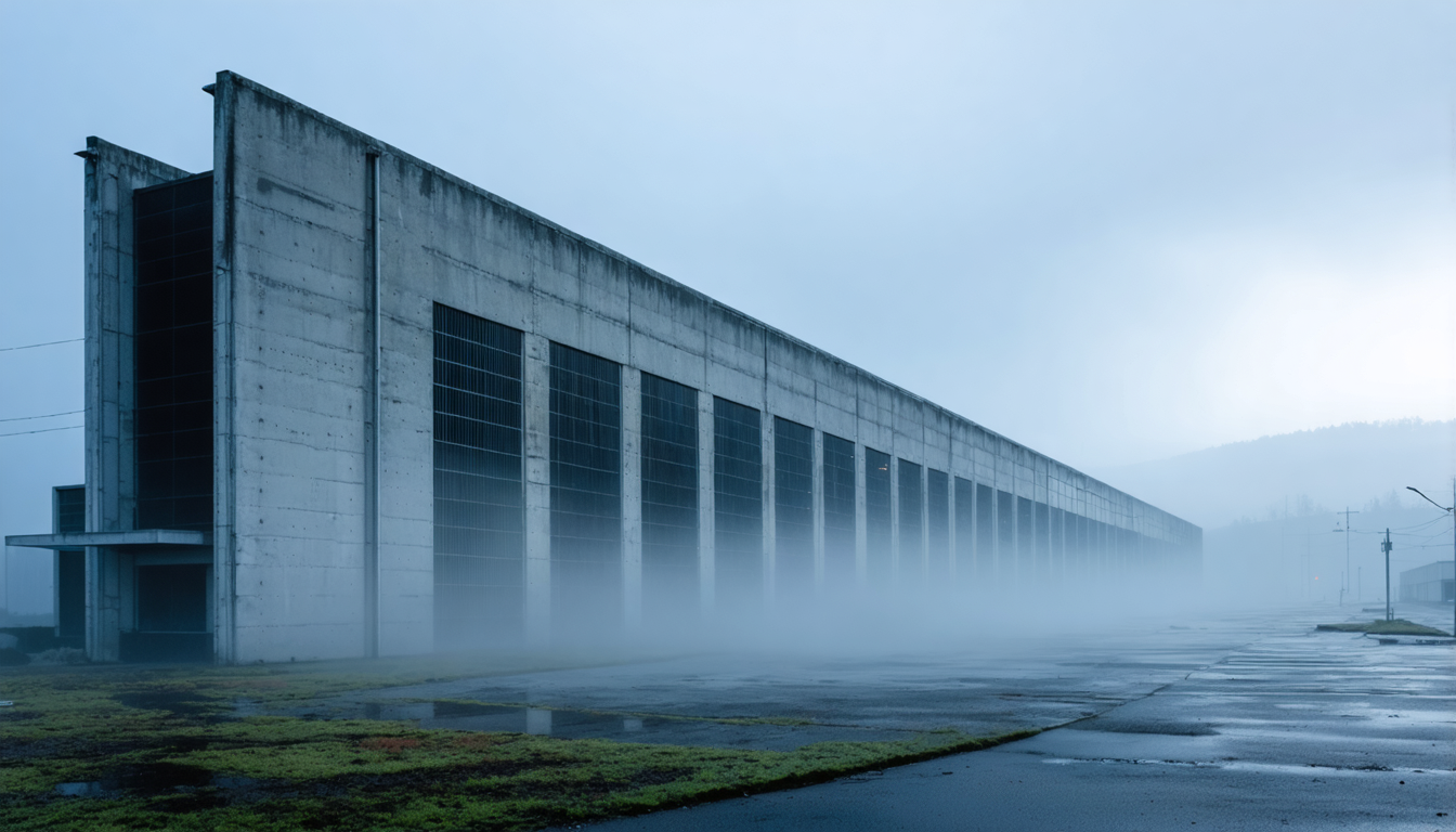 Vast concrete data center exterior wall stretching into mist, with no signage or windows, resembling a brutalist monument.