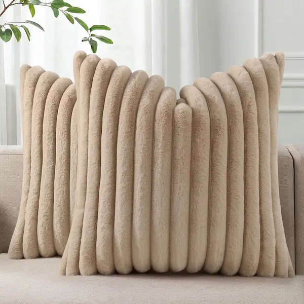 Luxury Khaki Faux Fur Striped Plush Cushion Covers