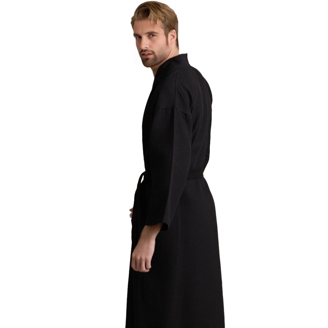 Unisex Men's Waffle Weave Kimono Black Bathrobe (One Size) view 2