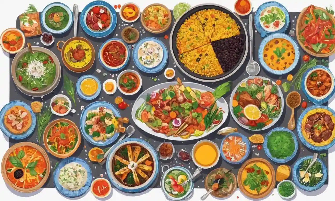 Un vibrante collage de cocina diversa de todo el mundo en un entorno de mesa.