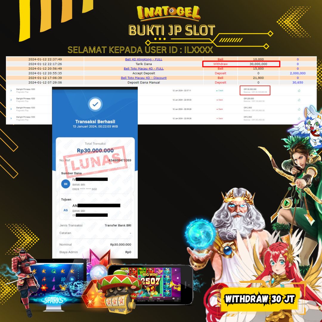 BUKTI PEMBAYARAN JP SLOT STARLIGHT PRINCESS 1000 Rp30,000,000,- LUNAS