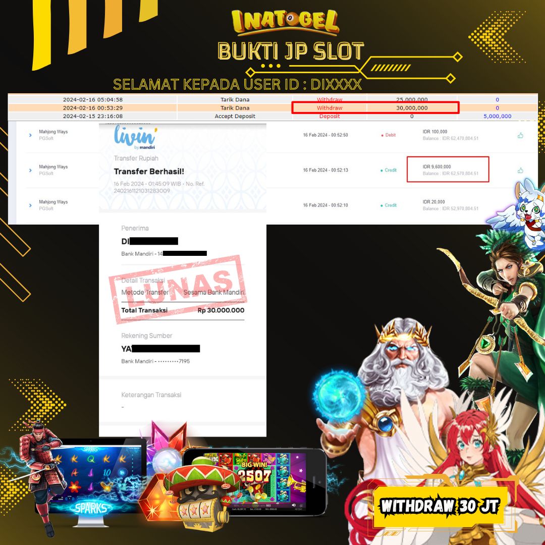 BUKTI PEMBAYARAN JP SLOT MAHJONG WAYS Rp30,000,000,- LUNAS