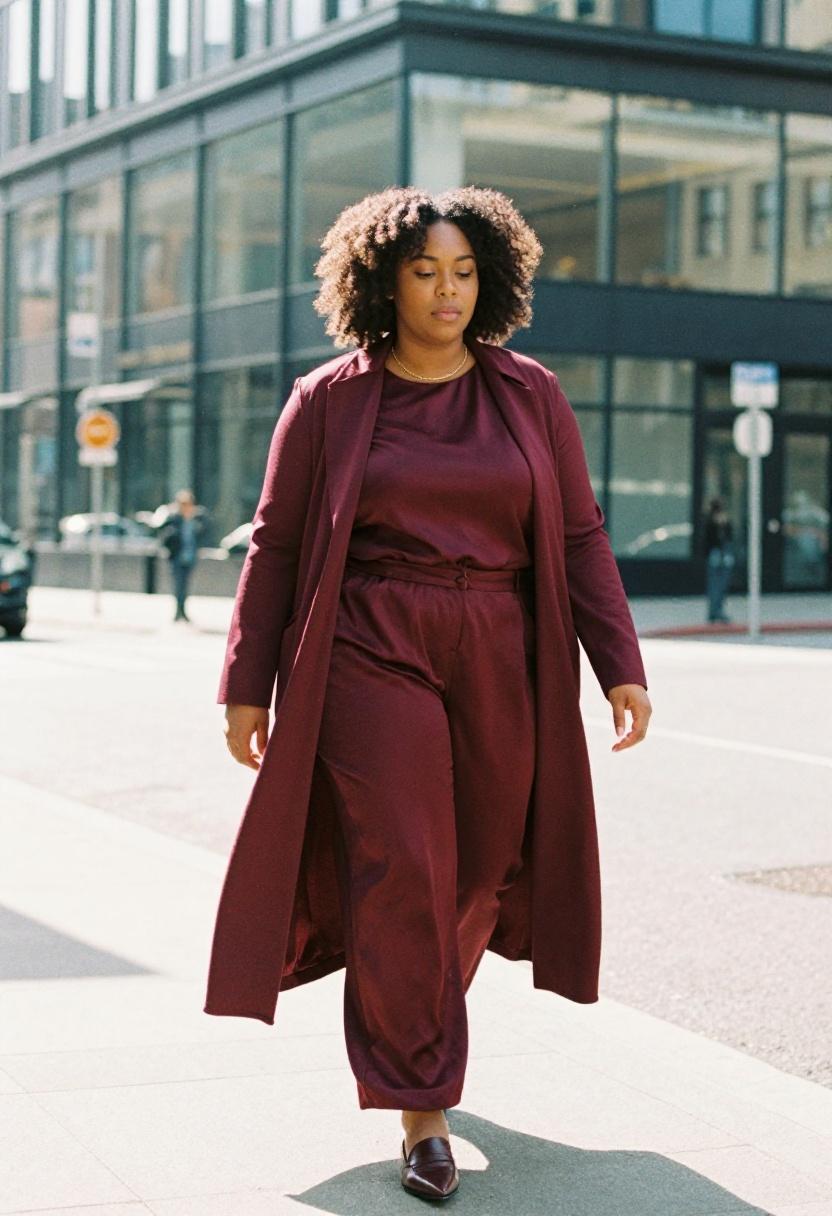 Plus size woman in fluid burgundy wide-leg trousers and longline cardigan coat as a plus-size street statement