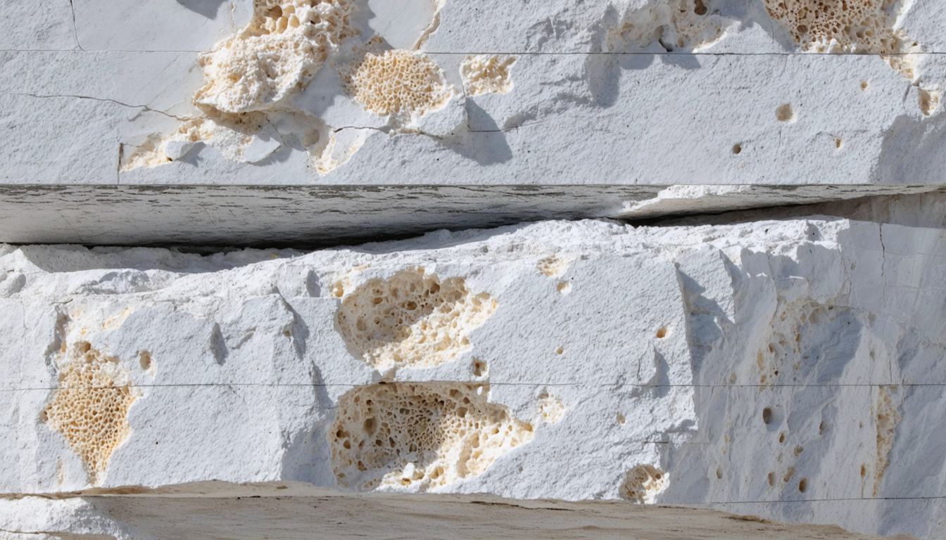A cross-section of pale Miami limestone bedrock, porous and layered, embedded with fossilized coral fragments, lit by low afternoon sun.