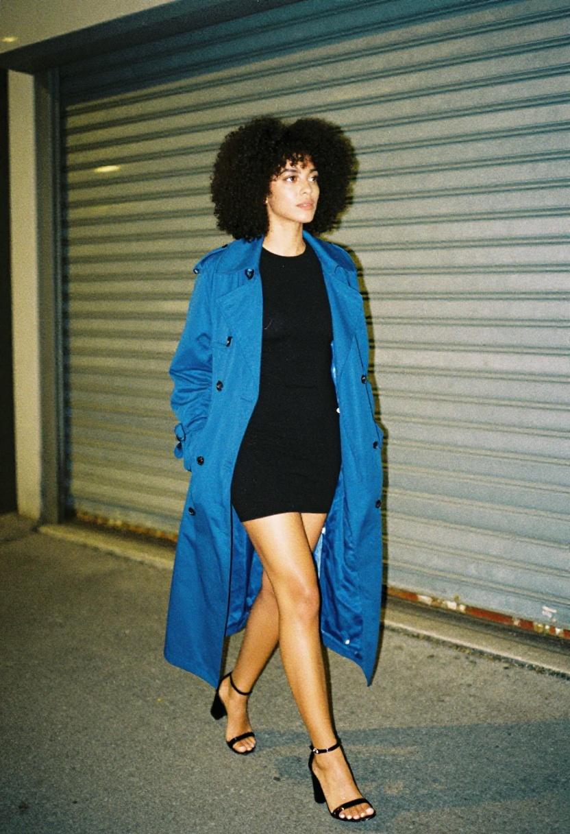 Electric blue longline trench coat over a mini dress for a night on the town