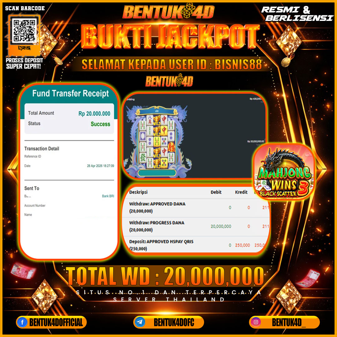 SELAMAT KEPADA USER ID : BISNIS88 KEMENANGAN Rp 20,000,000 (MAHJONGWINS 3 BLACK SCATTER) DI BENTUK4D