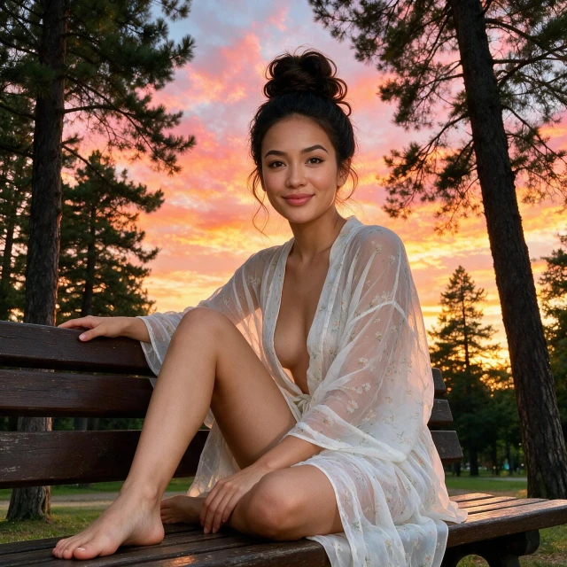 A girl with hair in a cute bun, wearing a very transparent white floral open robe, seating barefoot on the park bench in the sunset, surrounded by big pine trees. realistic sunset with vibrant colors