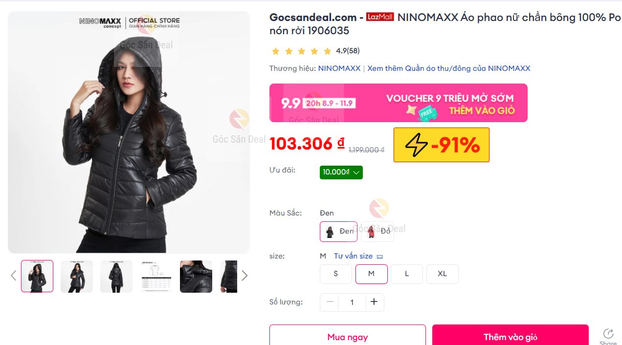 NINOMAXX Áo phao nữ chần bông 100% Poly nón rời 1906035