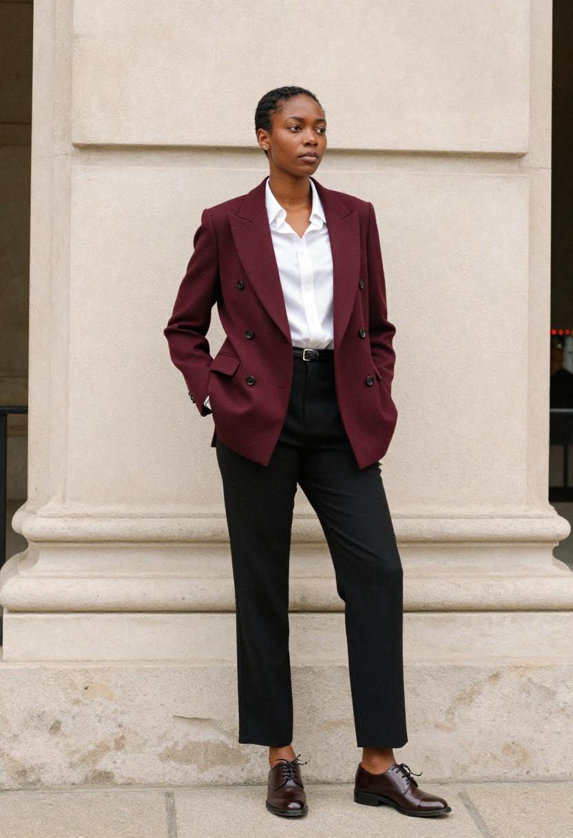 Burgundy double-breasted blazer and tailored trousers against classical architecture