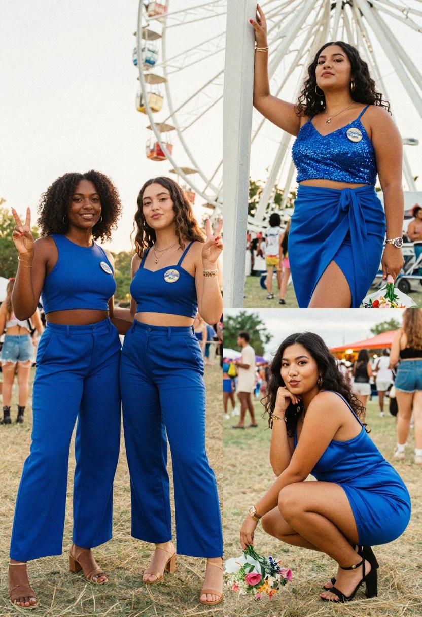 Coordinated cobalt blue bachelorette crew look across different styles