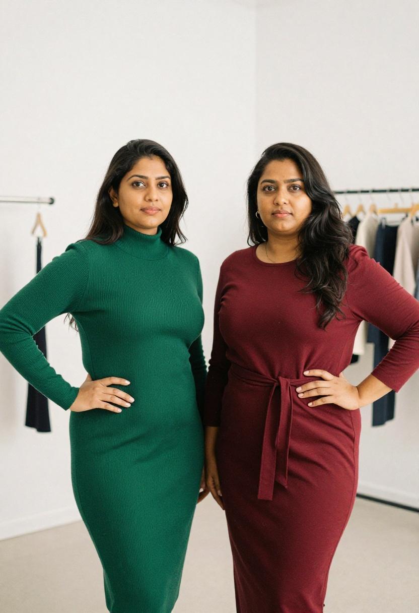 Emerald and burgundy jewel-toned knit dresses worn by two women in professional styling