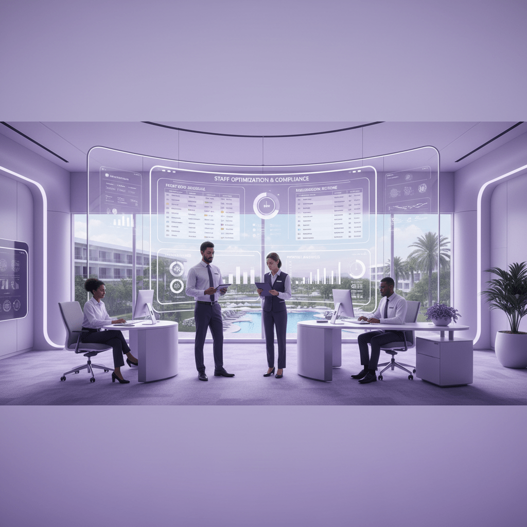 Hotel staff scheduling and compliance dashboard with front desk and housekeeping operations