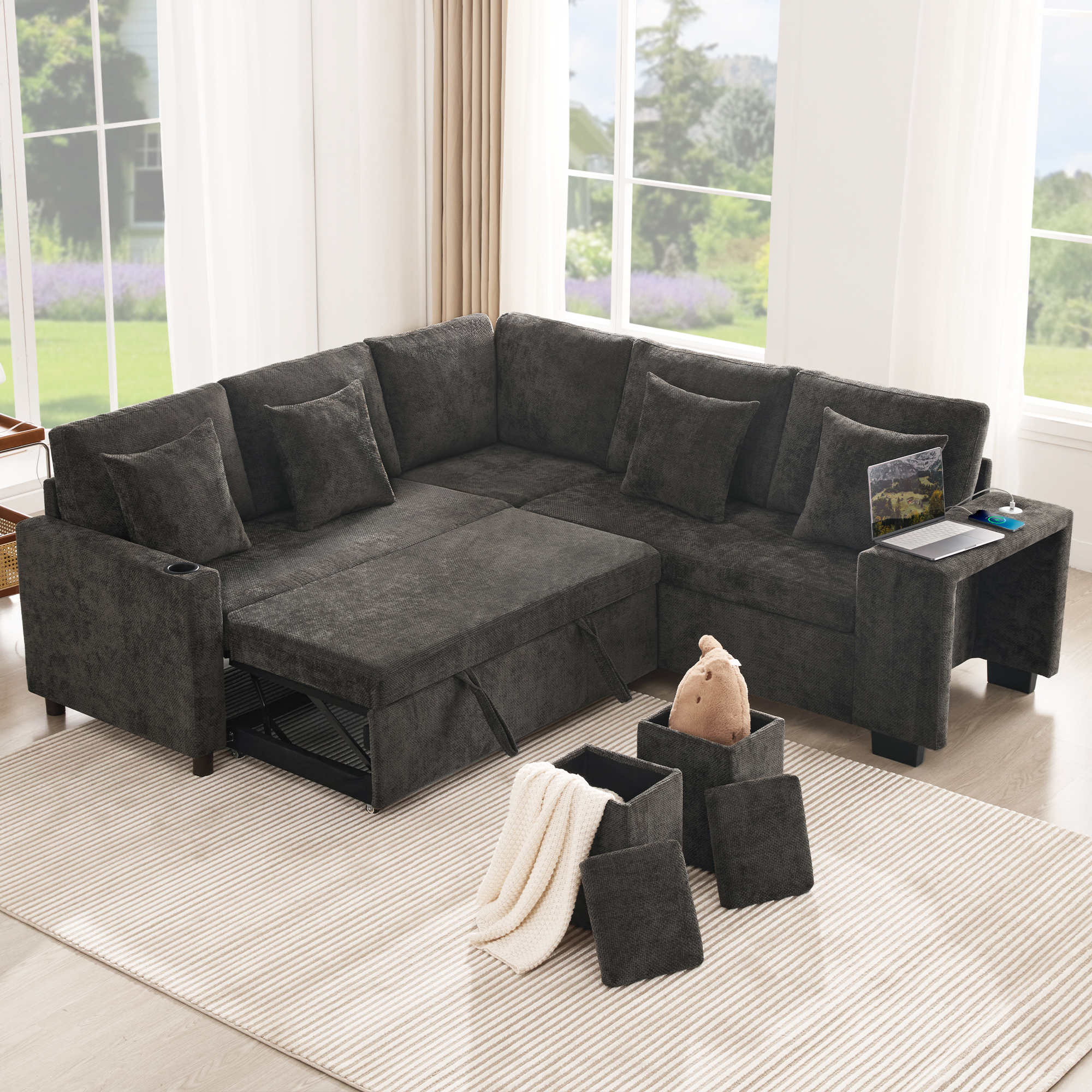 Canapé d'angle convertible beige - vue principale