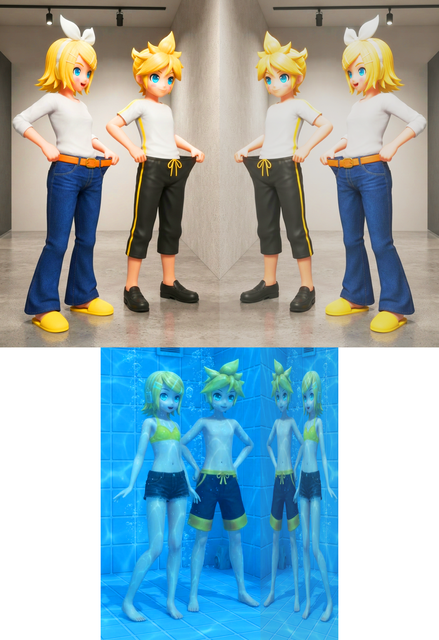 Rin and Len looking at mirror.png