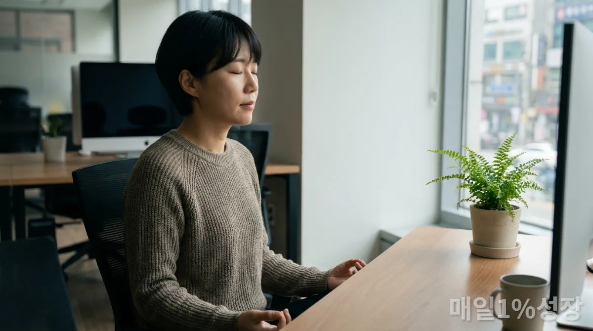30대 한국인이 사무실 책상에서 작은 식물과 함께 차분하게 명상하거나 심호흡하는 모습, 집중하고 평온한 표정, 부드러운 주변 조명 배경