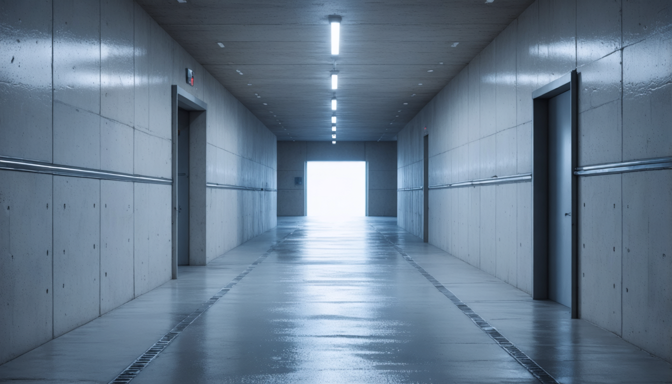 An empty industrial corridor lit by a single overhead lamp, one open door at the far end letting in pale daylight.