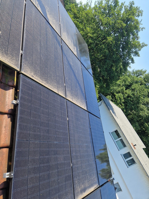 Privat-Photovoltaikanlage im Rheinisch-Bergischen Kreis: hintere Modulreihe bereits gereinigt, vordere Reihe noch flächig grün durch Veralgung – Anlage keine drei Jahre alt, hohe Bäume direkt am Haus