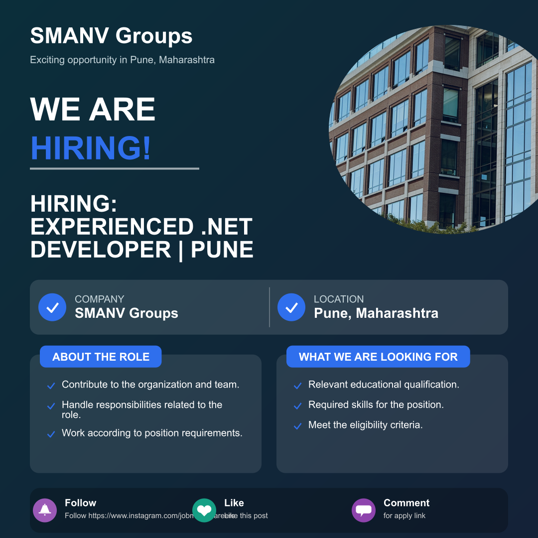 SMANV Groups Careers 2026: Hiring: Experienced .NET Developer | Pune Role Open