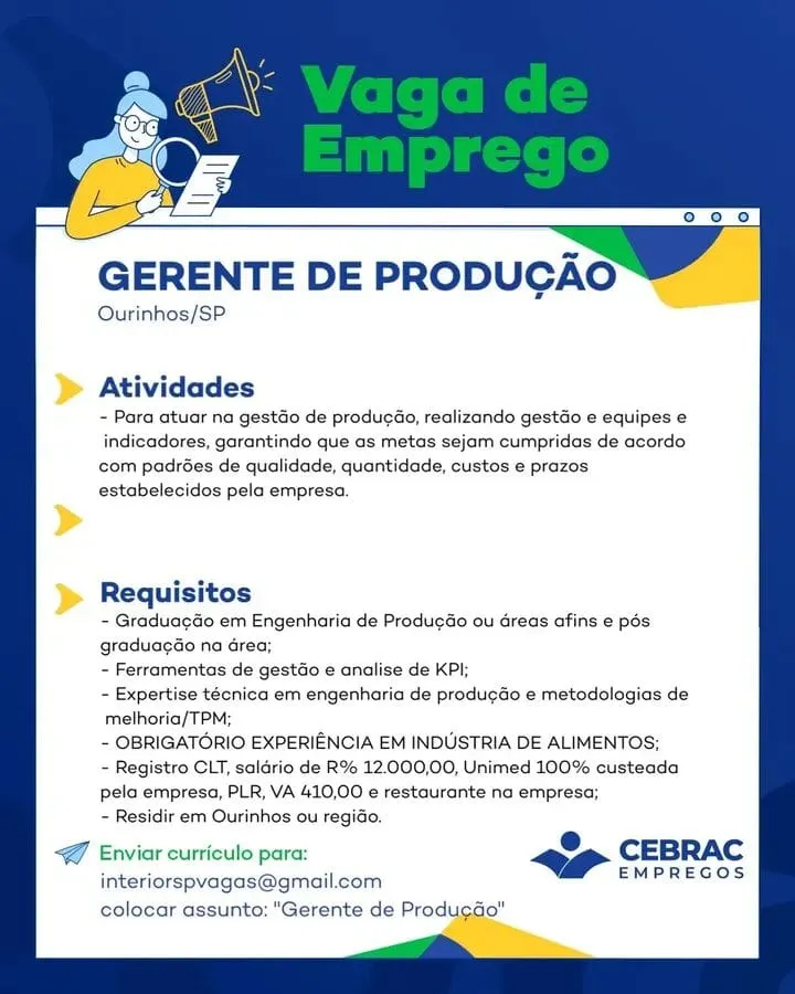 Gerente De ProduÇÃo Cebrac Empregos