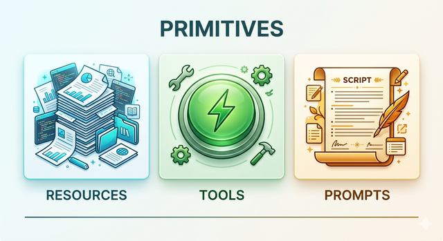 MCP primitives diagram showing three categories: Resources for data access, Tools for actions, Prompts for instruction templates in Model Context Protocol