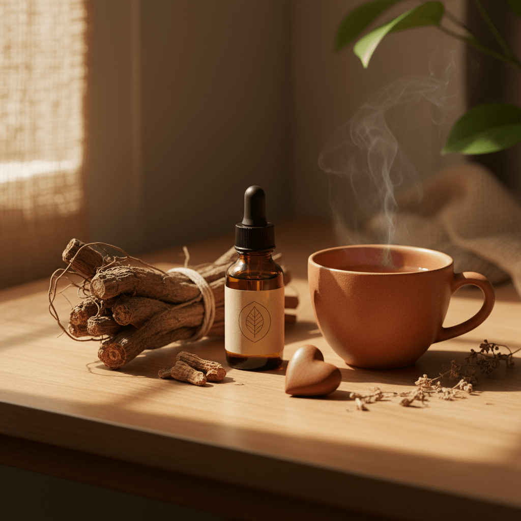 Calm wellness desk with ashwagandha root and oil