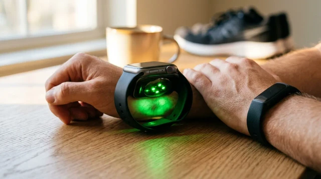 Wrist wearing smartwatch with glowing heart sensor beside fitness tracker, warm morning light