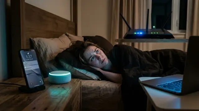 Restless person in bed surrounded by glowing electronic devices at night, uneasy mood