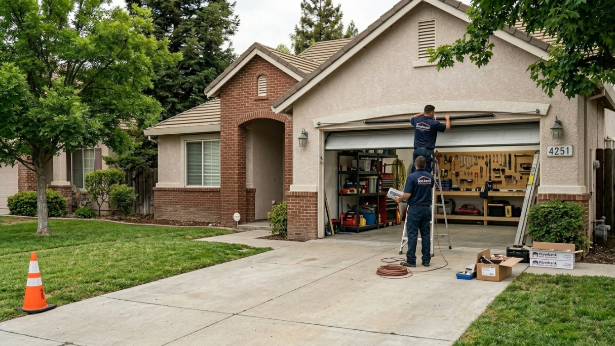 Riverbank Garage Door's Repair technician installing a new garage door panel