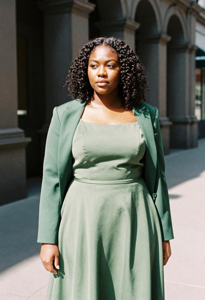 Sage green off-the-shoulder bridesmaid dress layered with a matching blazer for a polished architectural look