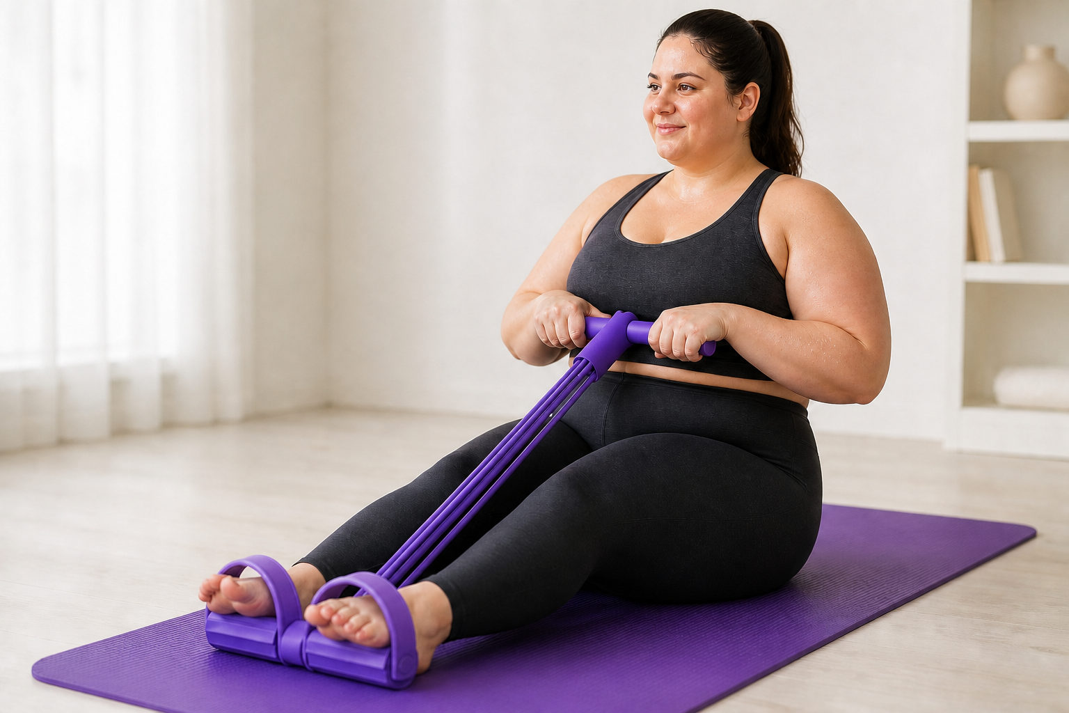 Femeie plinuță, zâmbitoare, după exercițiul cu Senioro FlexCore