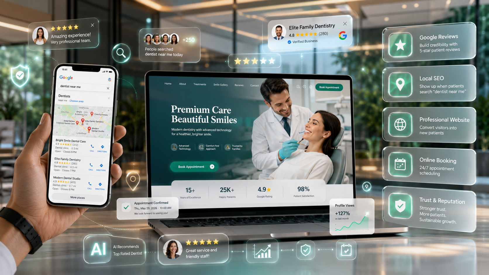 Patients comparing dentists online through Google reviews and local search
