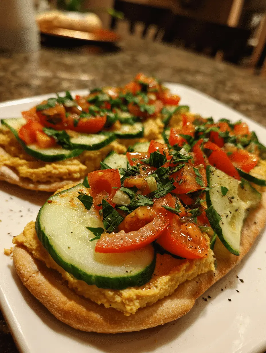 Flatbread topped with hummus, cucumber, tomato, and chickpeas – a quick Mediterranean lunch recipe