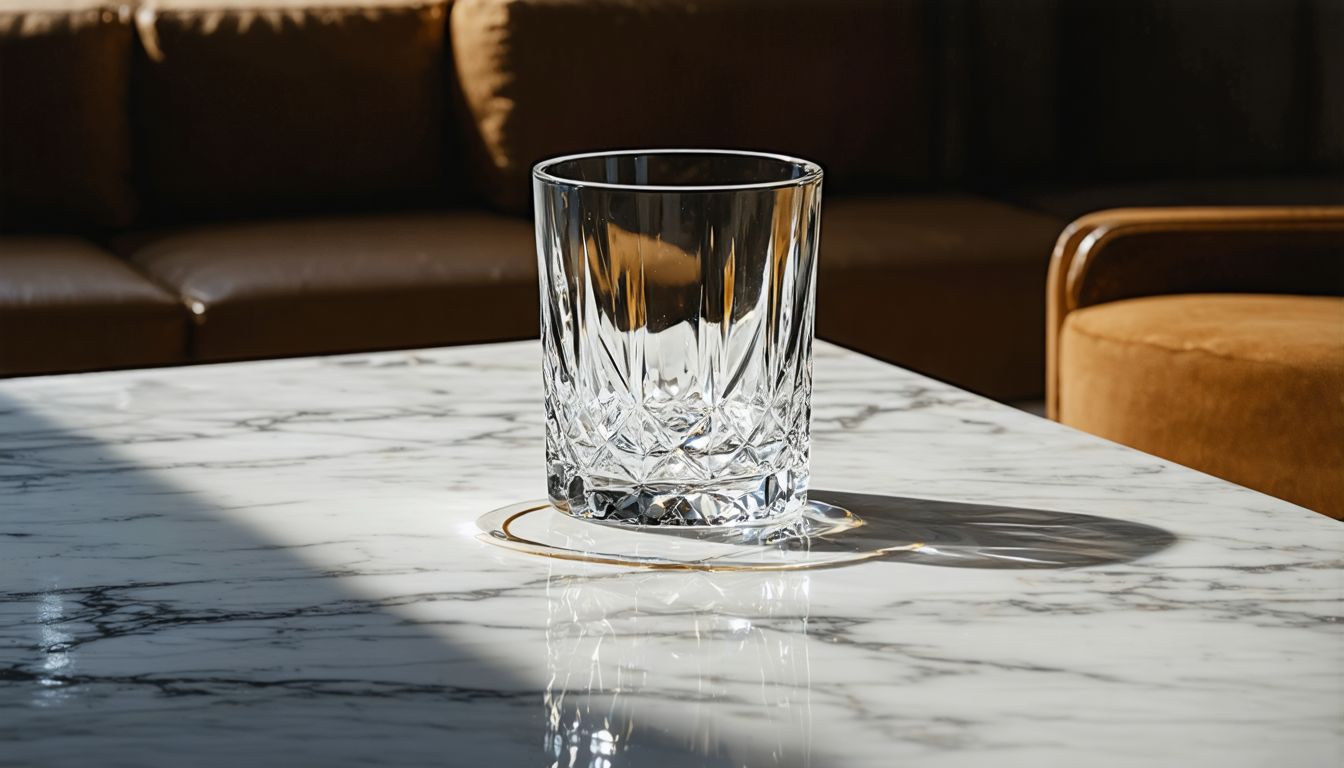 An empty glass on a bar leaving a single wet ring on the marble, lit low and warm.