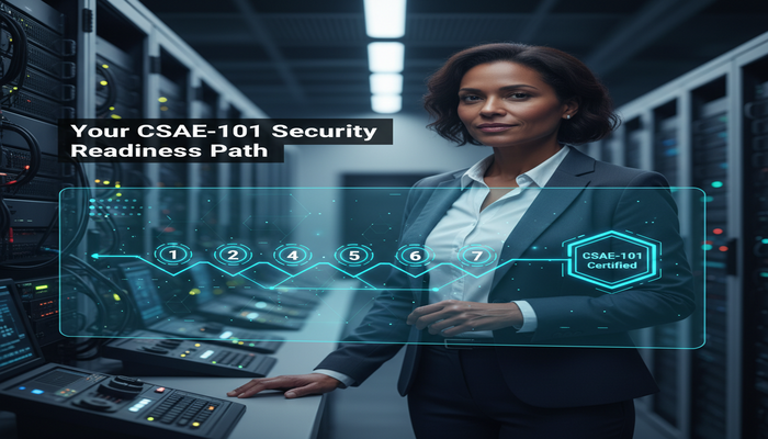 Your CSAE-101 Security Readiness Path A professional analyzing a holographic digital roadmap with seven glowing checkpoints leading to a 'CSAE-101 Certified' icon, symbolizing the readiness path for the CWNP Security Administrator and Engineer exam.