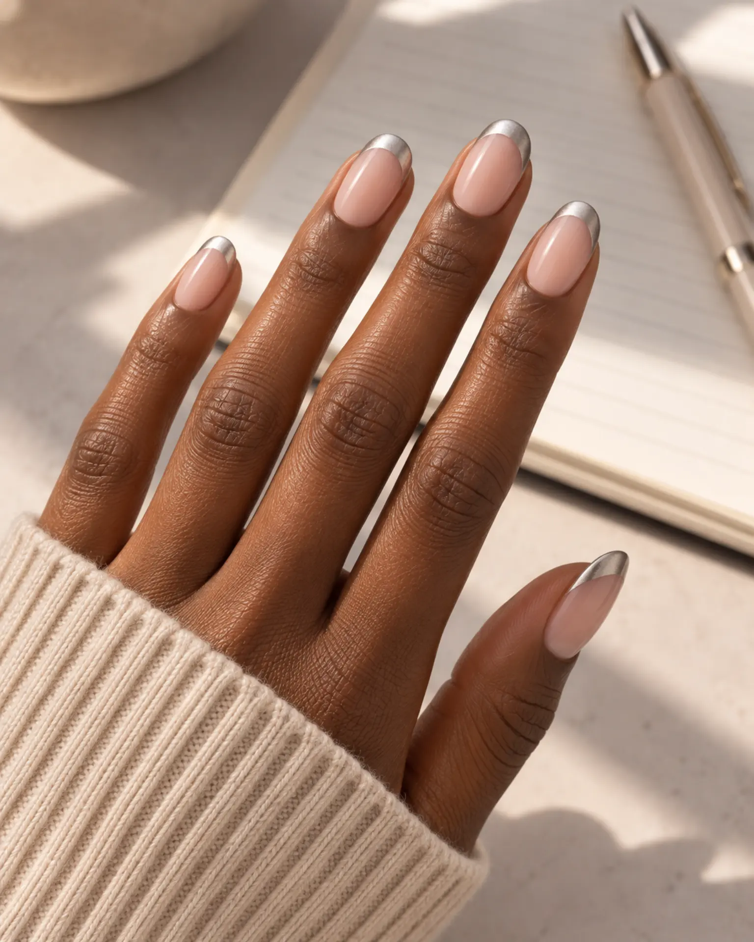 Silver Soft Metallic French manicure inspiration for birthday nail ideas