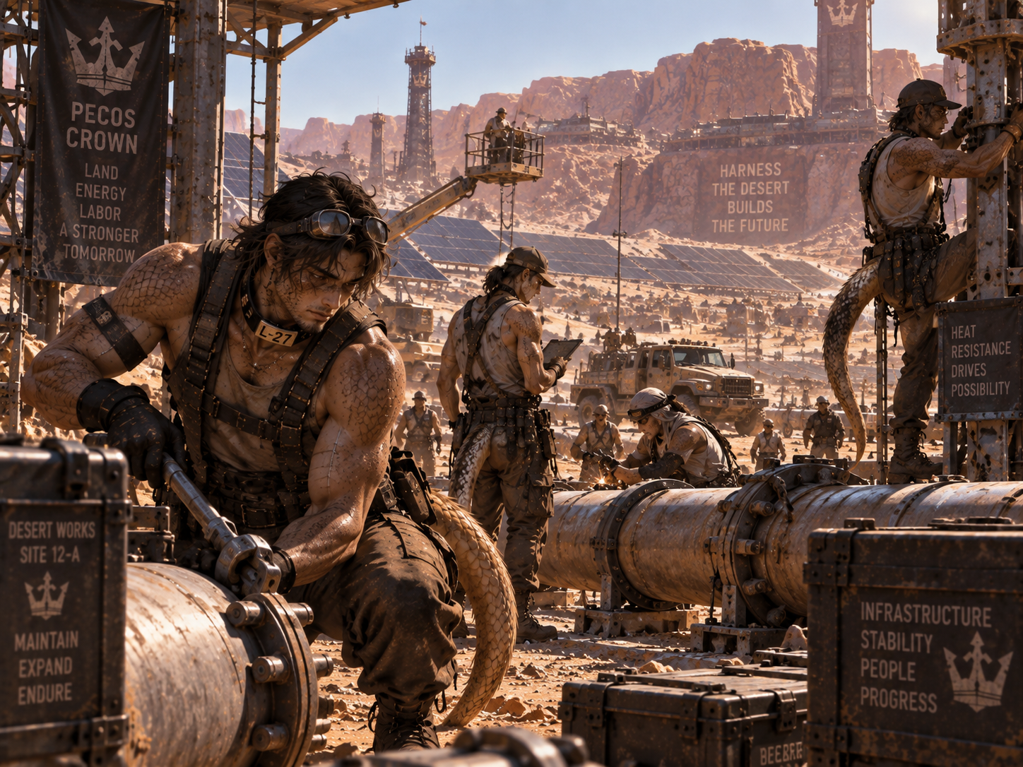 Reptilian demi-human workers maintaining exposed desert infrastructure in the Pecos Crown