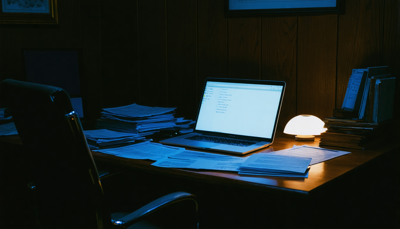 A dim wood-panelled room at night with an open laptop glowing coldly on a desk, papers scattered nearby, and an empty chair pushed back.