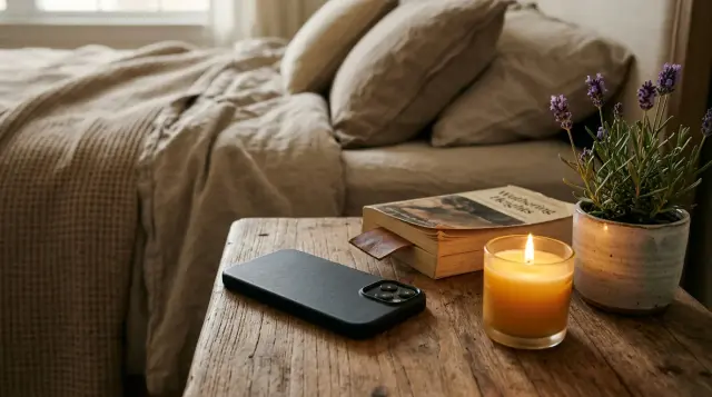 Smartphone placed face-down on nightstand beside candle and book, serene bedtime mood