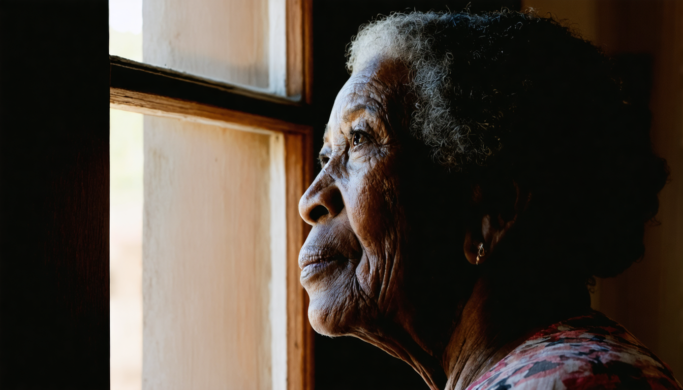 Close-up of an elderly person's weathered, deeply lined face turned toward soft window light, eyes distant and steady.