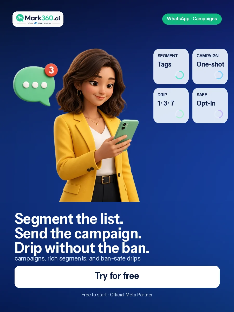 WhatsApp Marketing Automation: Campaigns, Segmentation, and Ban-Safe Drips — Try Mark360 free