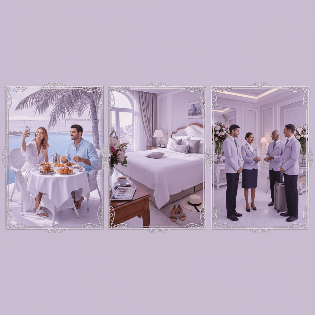 Elegant hotel content strategy with poolside breakfast, room details, and welcoming staff