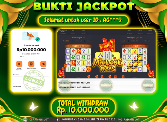 Selamat kepada Member PAMANSLOT Game Mahjong Ways :  AG***9