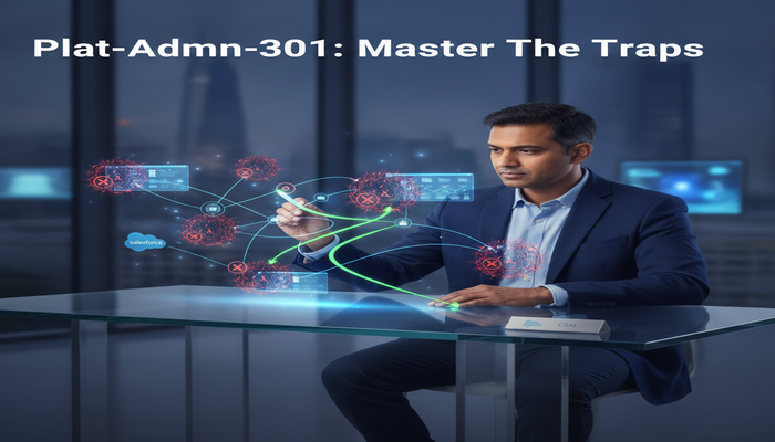 Plat-Admn-301: Master The Traps A Salesforce Advanced Administrator strategically analyzing a holographic map of the Salesforce ecosystem, navigating complex pathways and avoiding visual 'pitfalls' to prepare for the Plat-Admn-301 exam.